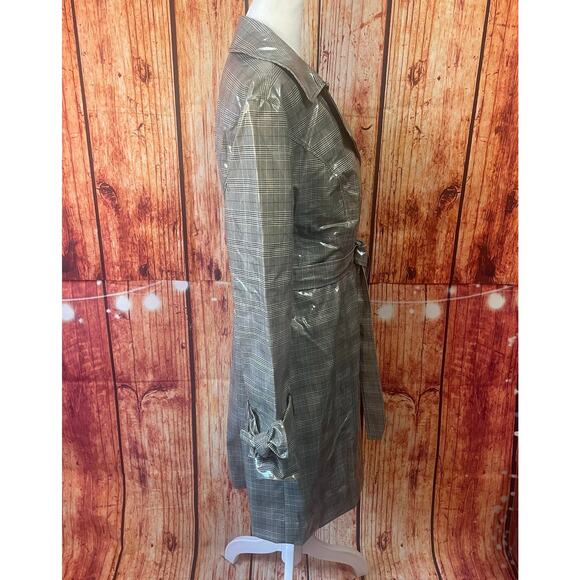 INC patent plaid raincoat size Large belted black white polyester trench jacket - Picture 5 of 8
